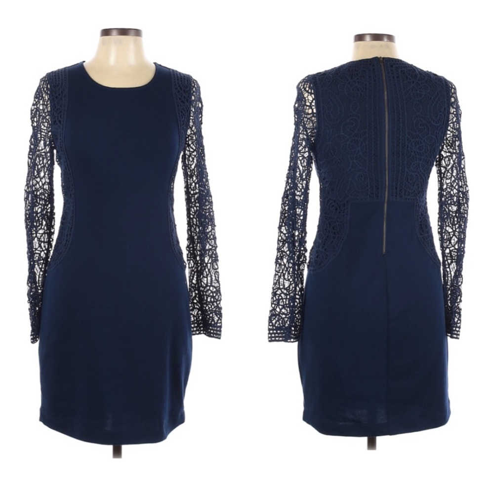 I Madeline Navy Crochet Sleeves Sheath Dress Large